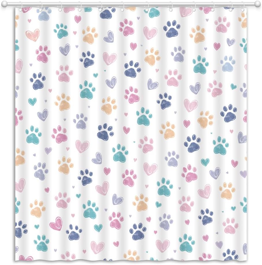Cat Dog Paw Print Shower Curtain Cute Colorful Animal Pet Paw Print Fabric Bathroom Decor Curtains with Hooks, 70" Wx70 H