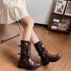 Belt Buckle Pleated Medium Boots Women's Autumn and Winter Outer Wear Retro Punk Side Zipper Trouser Tube Boots Western Style Cowboy Boots