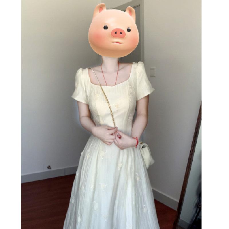 Elegant Summer 2025 French Apricot Square Neck Cinched Waist Long Dress for Women S
