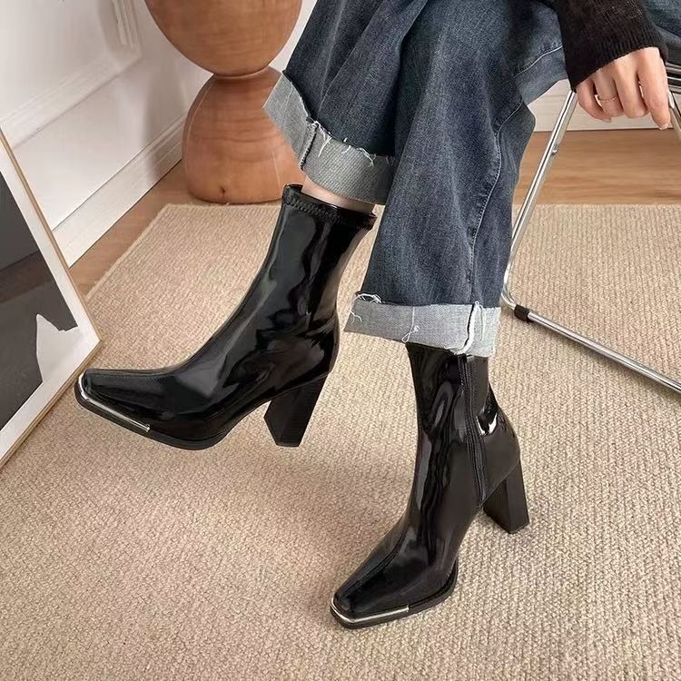 Fashion Versatile Patent Leather Square Head Thin Boots Thick Heel Medium Boots Children's New High Heel Short Boots In Autumn and Winter 2025