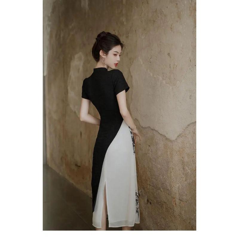 Letní retro čínský styl vylepšené dámské šaty Cheongsam černým inkoustem