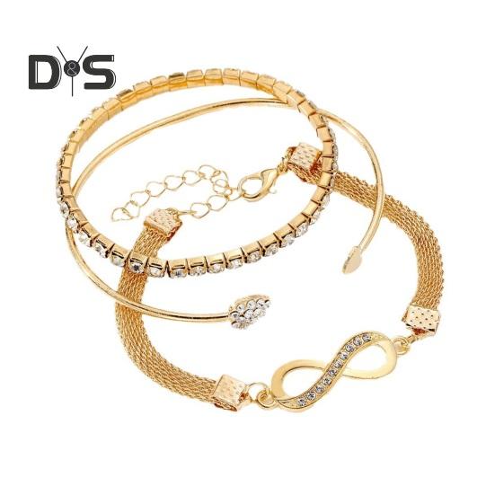 

3 шт./комплект женские браслеты со стразами декор полые бесконечные символы сердца регулируемые штабелируемые запястные украшения дамский выпускной вечер свадебный браслет комплект золотистый