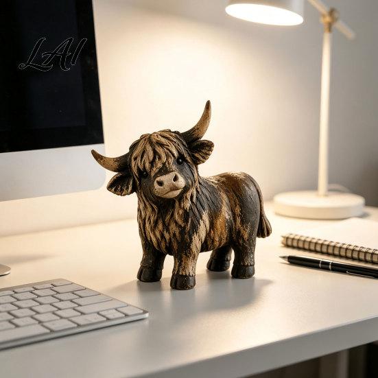 Handmade Highland Cow Gift Farmhouse Figurine Resin Scottish Bull Statue Rustic Hand Carved Crafts Tabletop Ornament Country Style Shelf