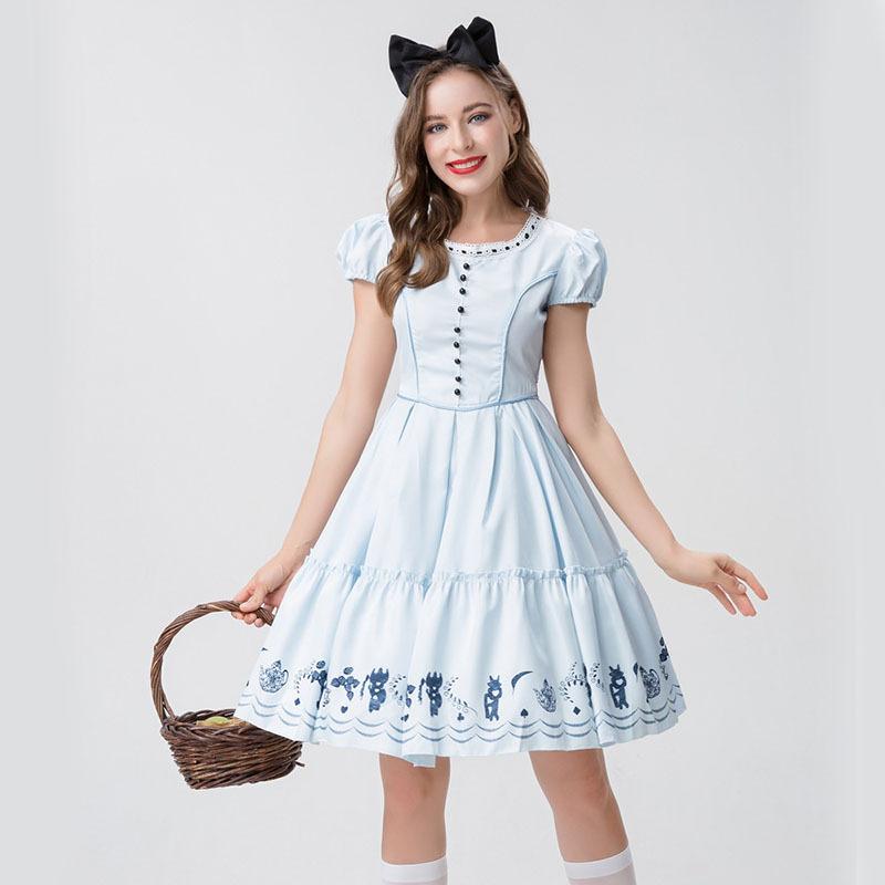 Cosplay Halloween, Alice's Dream Wonderland, Japanese cute maid dress cos dress blue and white, short-sleeved princess dress