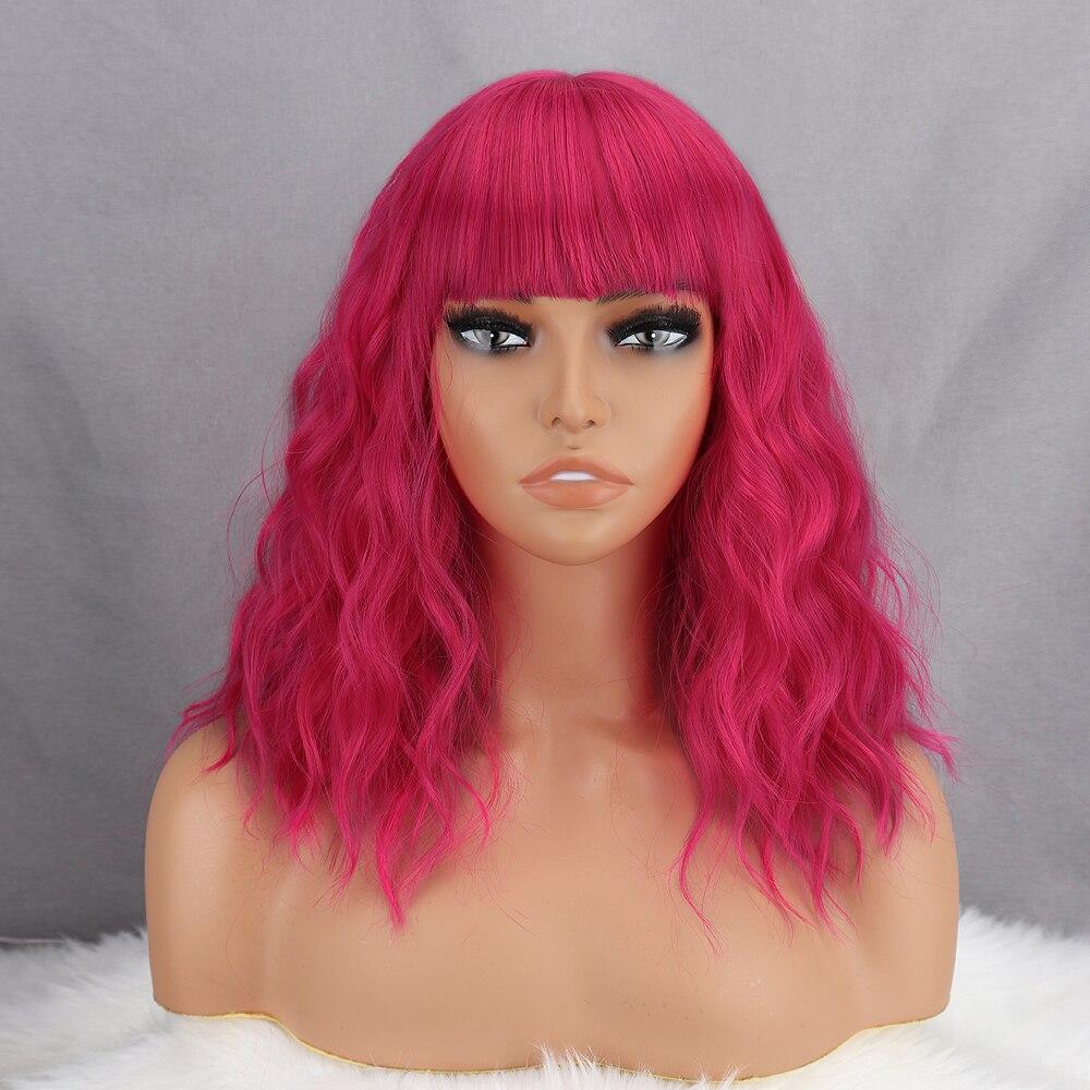 MERISIHAIR Parrucca corta ondulata Bob con frangia Colore rosso rosa Moda donna Lunghezza spalla Parrucca ondulata naturale in fibra sintetica Cosplay