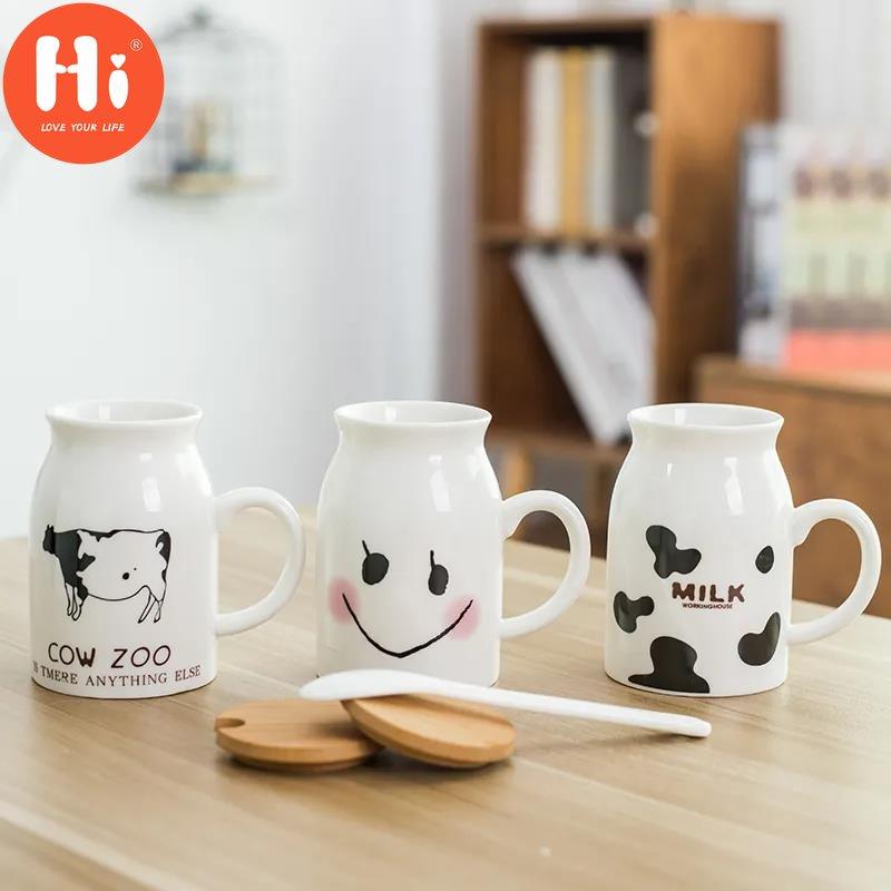 Hi Ceramic Children's Cup Breakfast Milk Tea Cup Female Student Drinking Water Home Mug with Spoon with Lid