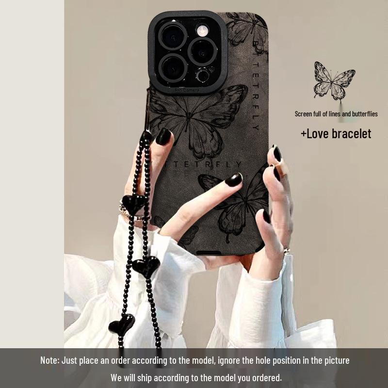 Retro Butterfly Leather Texture iPhone 15 Pro Max Suede Case with Women's Chain