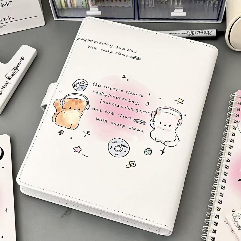 Cute Niche Kitten A5 Leather Ring Binder Notebook - Stylish, High-Value, Lined Student Notebook.