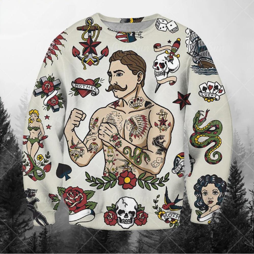 Autumn 3D Vintage Tattoo Printed Hoodies Fashionable Casual Sports Long Sleeved Men's Hoodies