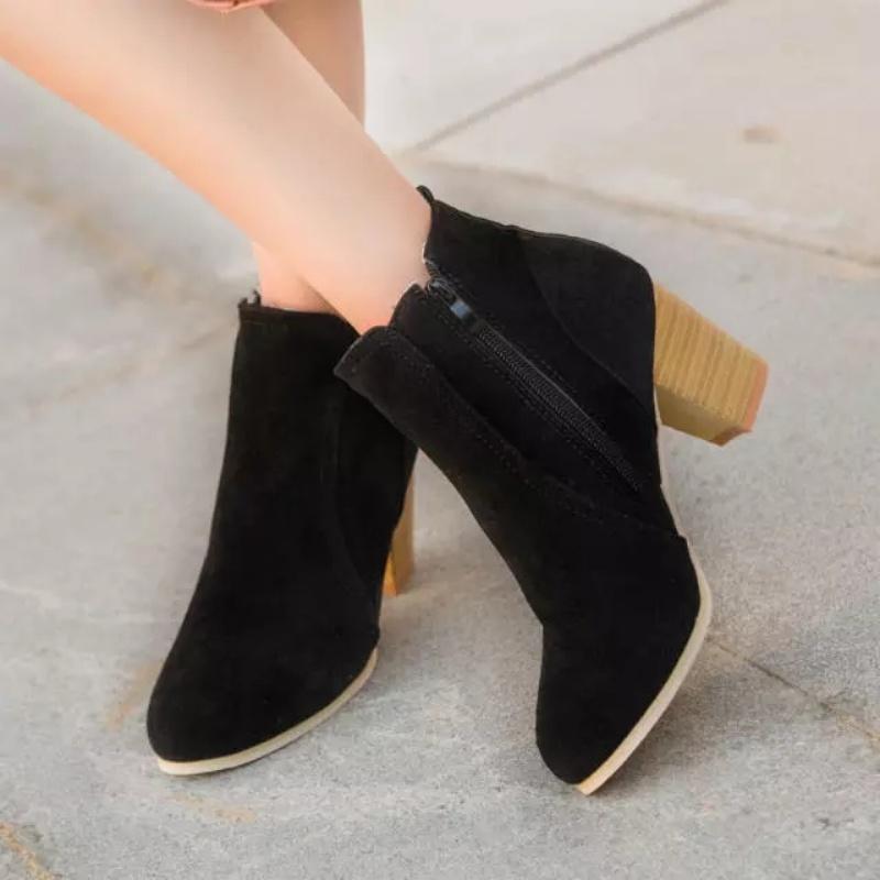 New Round Toe Square Heel Solid Color Elegant Women's Shoes Side Zipper Comfortable Fashionable Casual Short Boots Mujer