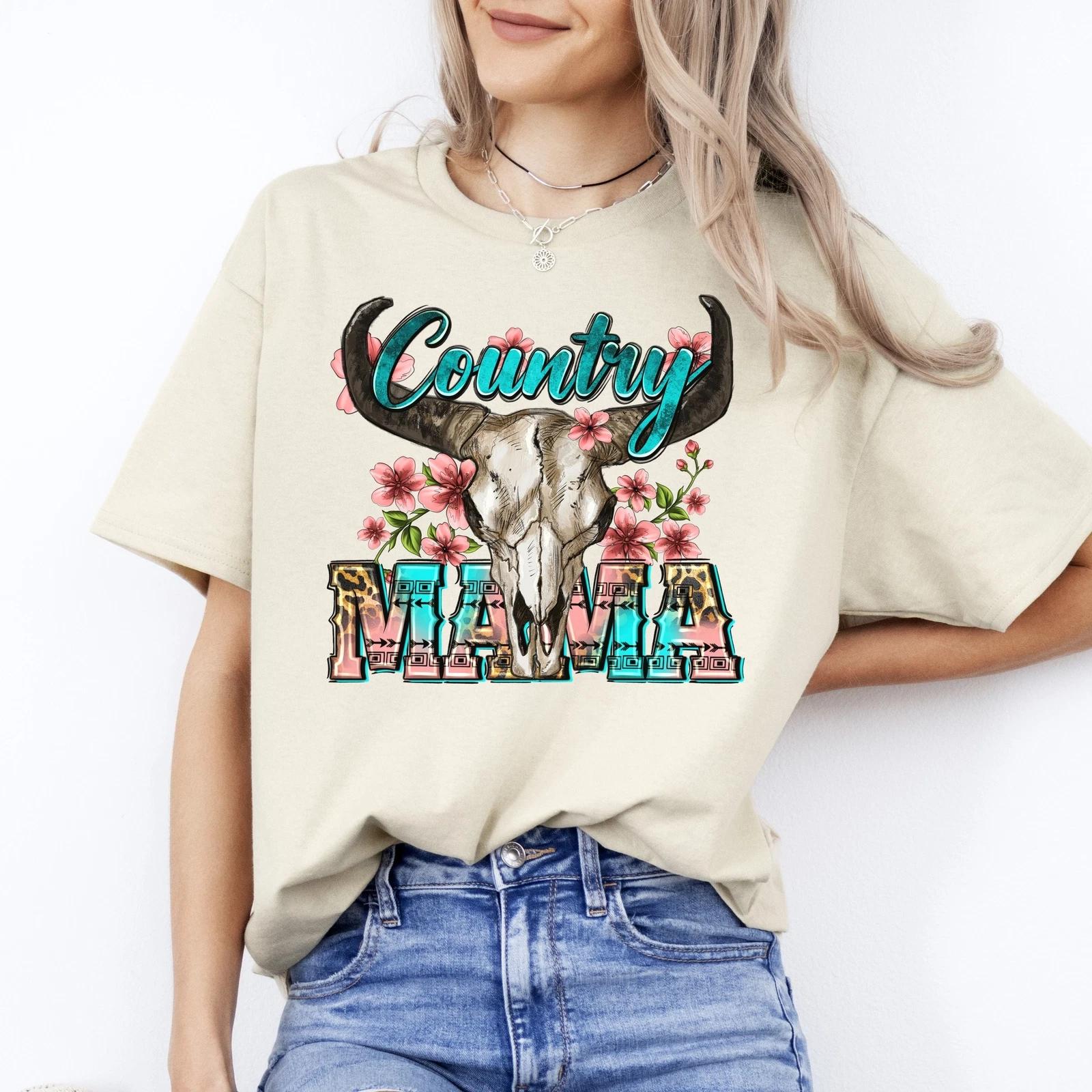 Country Mama T-Shirt Texas Western Mom buffalo skull Unisex tee White Sand Sport 4XL