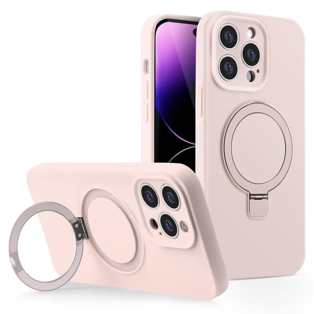 For iPhone 15 Pro Magnetic Case Liquid Silicone Phone Cover Built-In Kickstand Ring Holder