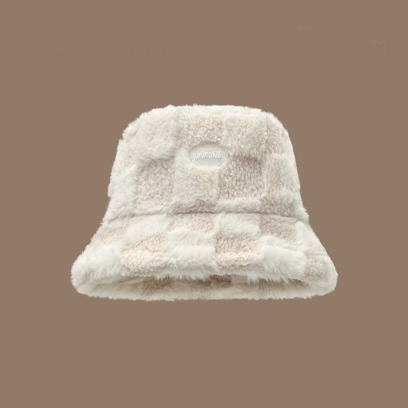 Lamb wool plaid fisherman's hat Children's autumn and winter thickened thermal basin hat Show face Young student couple bucket hat