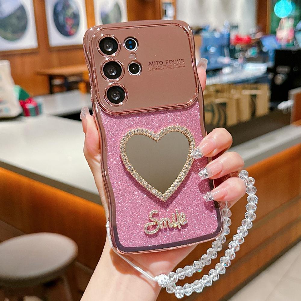 

For Samsung Galaxy S25 Ultra Case Electroplated Wavy Frame Glitter TPU Phone Cover with Mirror,Strap Pink