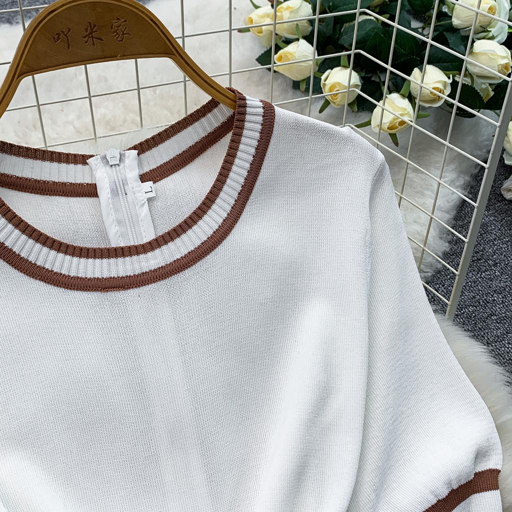 Women Fashion Knitting Sweater Patchwork Chiffon Dress Summer Short Sleeve Casual Floral Print Pleated Vacation Holiday Midi Sundress