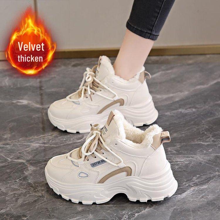 Women's Fleece-Lined Waterproof Leather Running Shoes - Lightweight, Non-Slip, Soft Thick Sole, Height-Boosting Winter Style