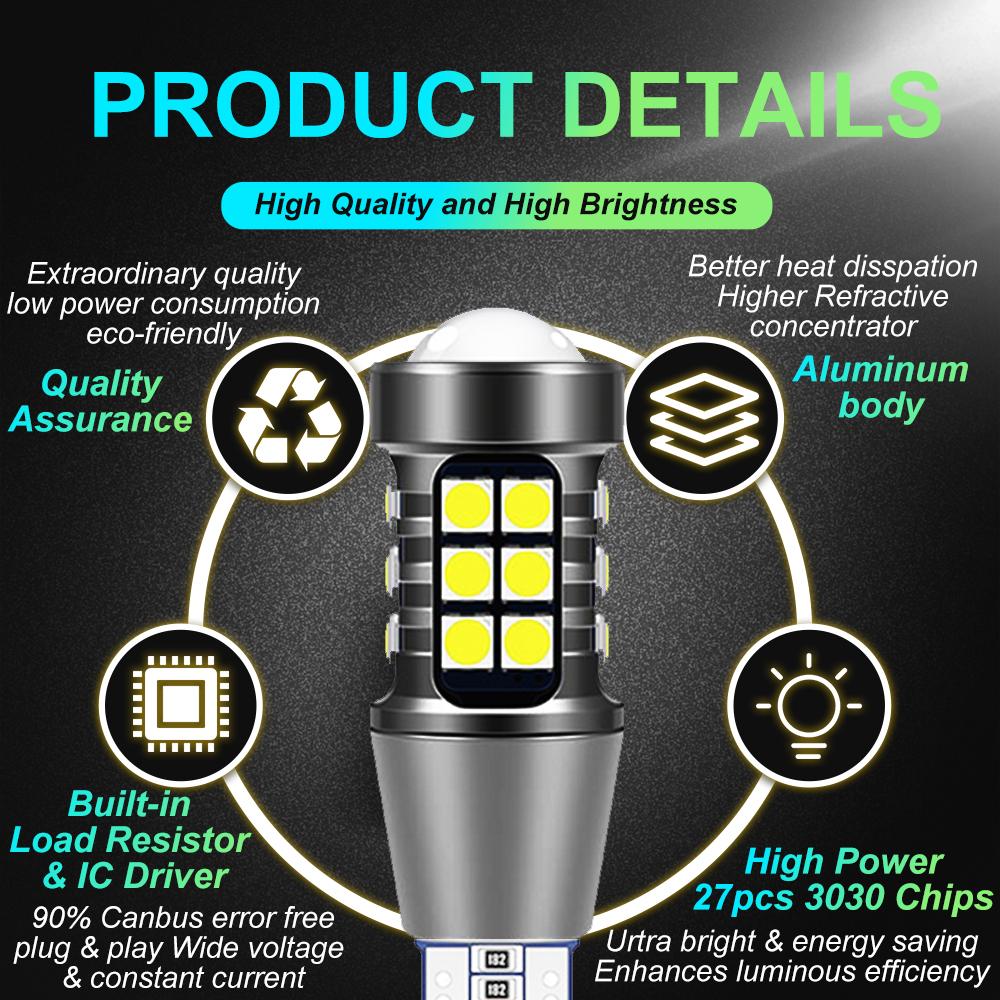 2PCS T15 Signal Lamp W16W LED 921 912 Bulb 12V Super Bright 3030 27SMD Tail Lamp Led Canbus Auto Backup Reserve Lights White 12V Dome Lights 6