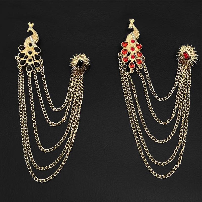 1PC Peacock Suit Accessories Chain Tassel Collar Pins Vintage Men Women Crystal Corsage Brooch Pin