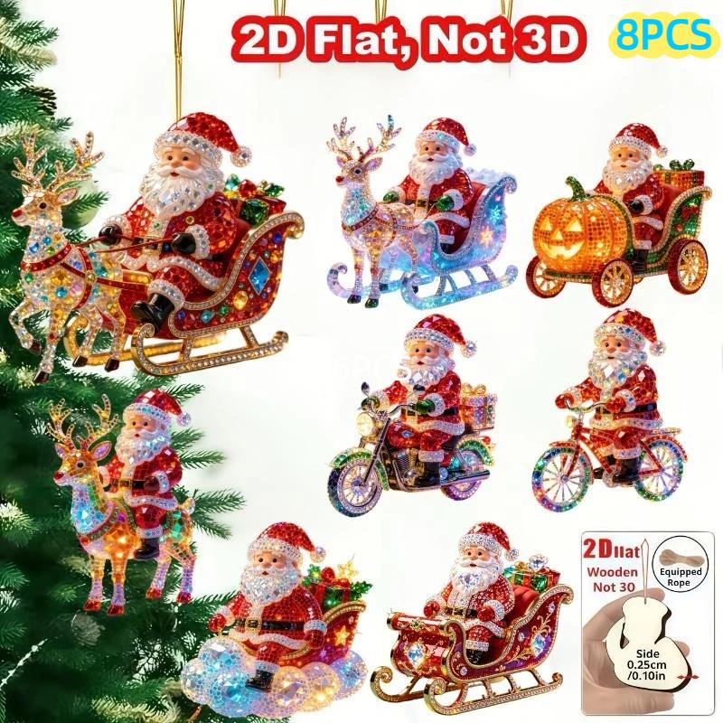 8/16Pcs 2D Flat Santa Claus Ornaments Wooden Deer Christmas Tree Ornaments Holiday Pendants Shiny Beautiful Xmas Hanging Party