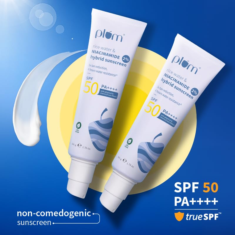 Plum Crema Solare Ibrida 2% Niacinamide Acqua di Riso SPF 50 PA++++ 50g Confezione da 2 Leggera Non Appiccicosa Glow