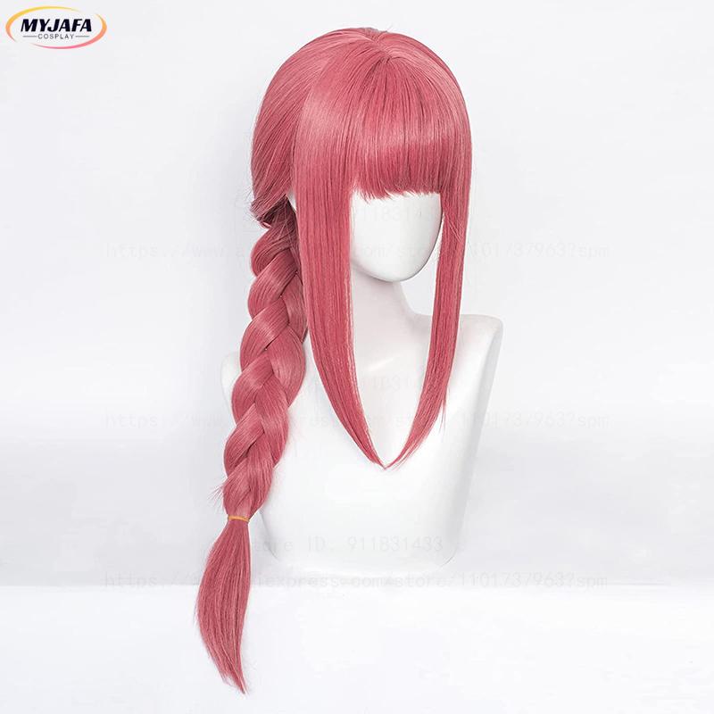 High Quality Makima Cosplay Wig Anime Chainsaw Man Cosplay Long Coral Pink Braided Heat Resistant Hair Role Play Wigs + Wig Cap