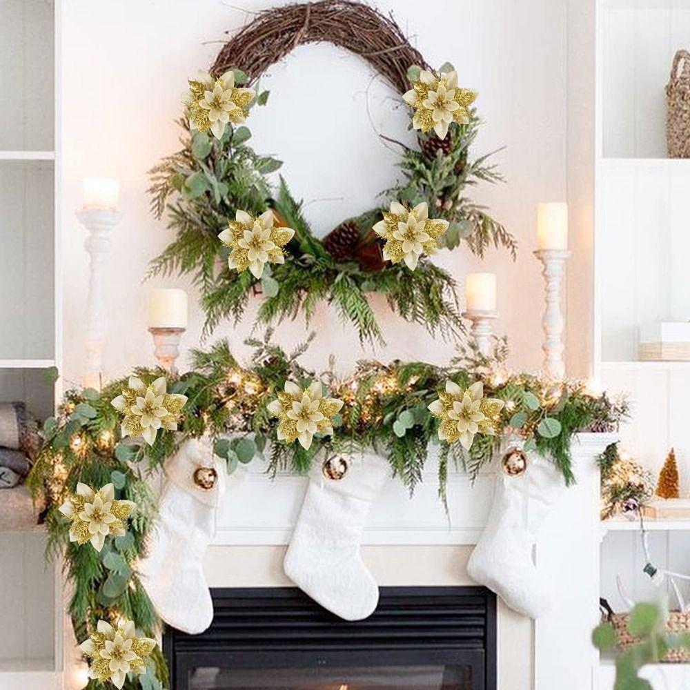 10Pcs 14cm Artificial Christmas Flowers Plastic Glitter Finish Artifical Flowers For Christmas Tree Sparkling Pink Red Gold