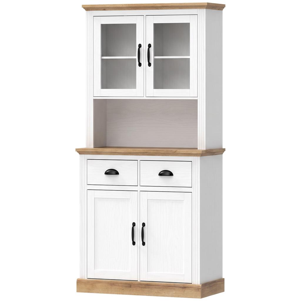 High Kitchen Sideboard, 4 Doors, 2 Glass, 2 Drawers, Worktop, Adjustable Shelves, White