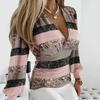 YYFS Women's Fashion Casual Spring Fall Stripe Print Long Sleeve V-Neck Blouses & Shirts
