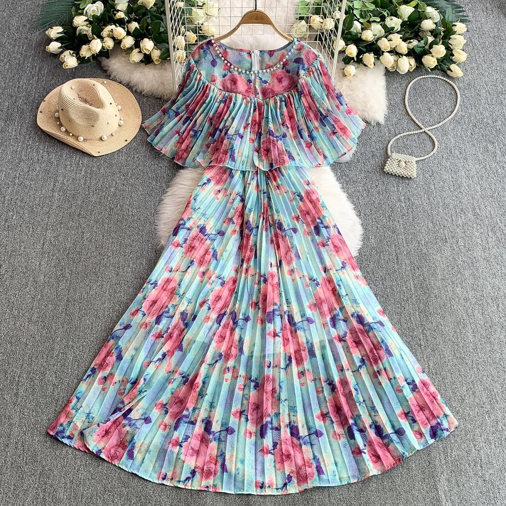French light luxury heavy industry bead round neck lotus leaf sleeve dress women's summer waist thin pleated pendulum long skirt