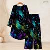 Women Plus Size Round Neck Long Sleeve Blue Gold Marble Printed High Low Top And Wide Leg Pants Two Piece Set