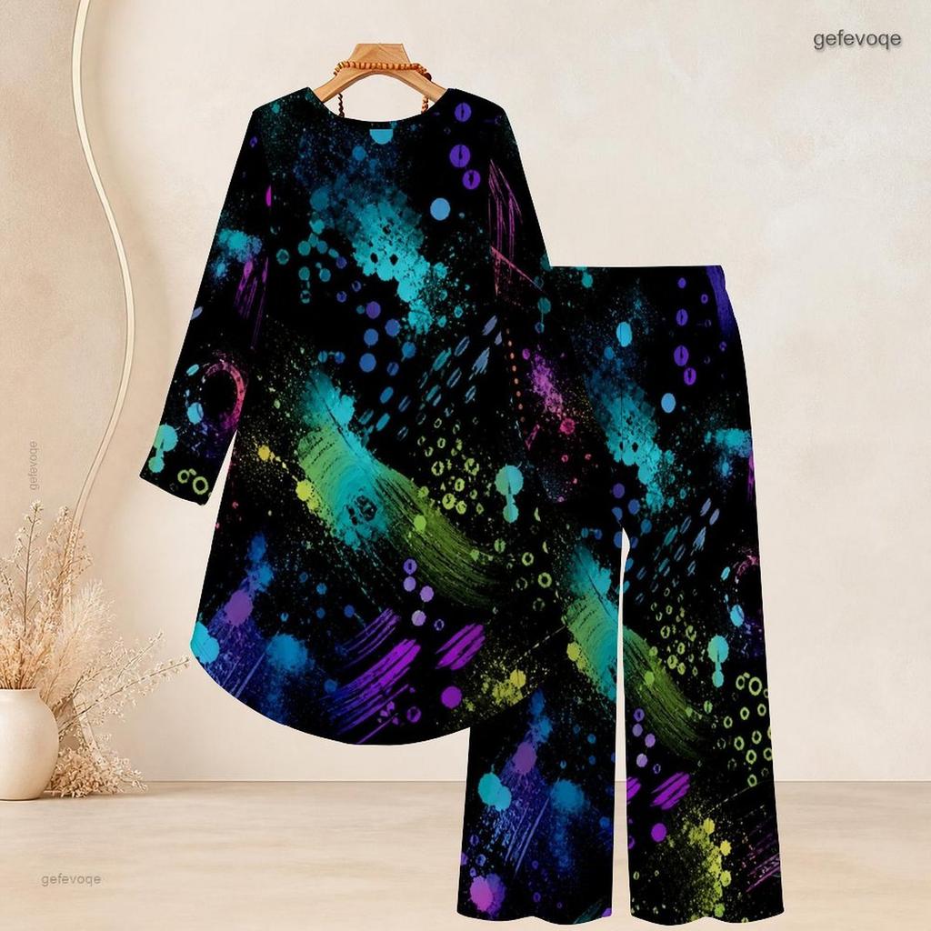 Women Plus Size Round Neck Long Sleeve Blue Gold Marble Printed High Low Top And Wide Leg Pants Two Piece Set