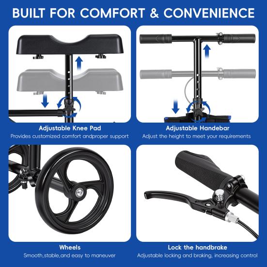 Adjustable Knee Walker Portable Scooter with Hand Brake, Foldable Lightweight Leg Comfortable Mobility Device for Foot & Ankle Injuries, Crutch