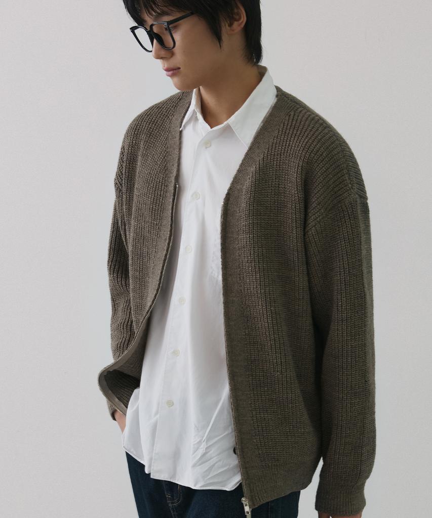 NODU Essential V-Neck Knit Zip-Up Cardigan [Dark Beige]