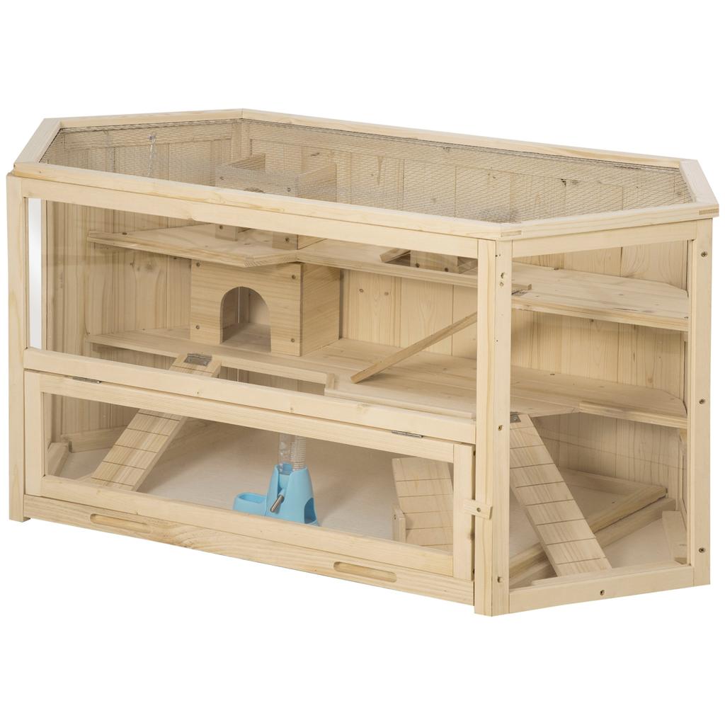 3-Tier Wooden Hamster House with Opening Roof and Transparent Wall, 115x60x55cm