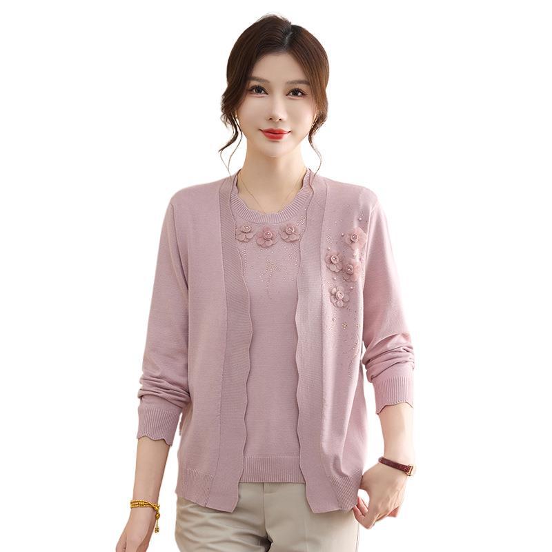 Mom's Spring Knit Two-Piece Set: Stylish Cardigan & Top for Middle-Aged and Elderly Women