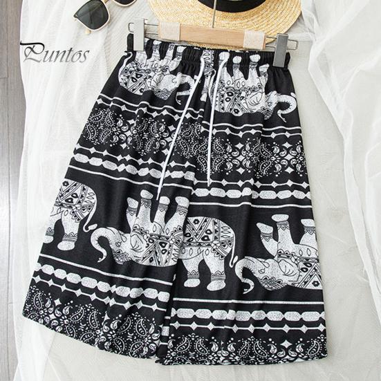 Women Summer Shorts Thiland Elephant Print Drawstring Elastic Waist Loose Soft Breathable Vacation Beach Travel Knee Length Shorts Homewear Pajamas