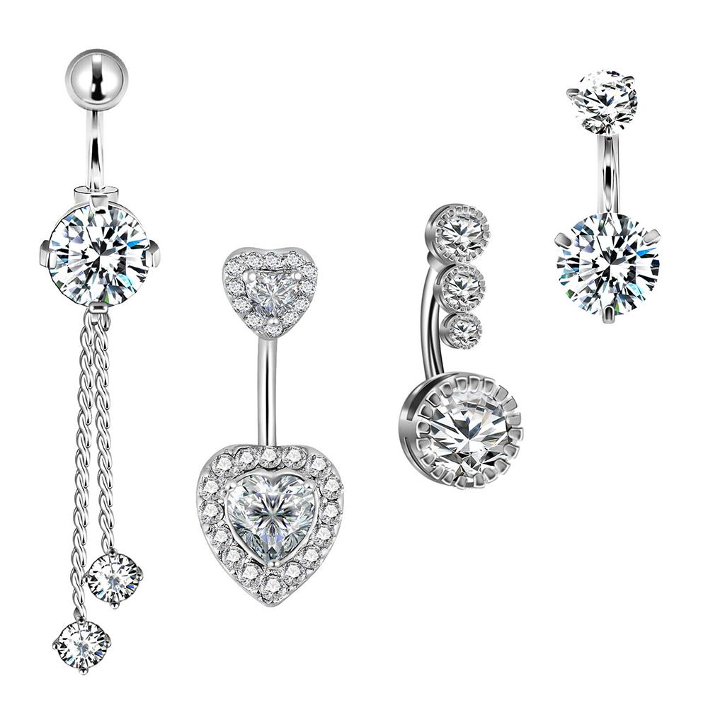 3-4pcs/lot Gold Color Crystals Zircon Belly Button Rings 14G Curved Stainless Steel Heart Wing Tassel Belly Navel Piercing Sets