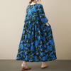 Blue Floral Cotton Linen Plus Size A-Line Dress - Summer 2023, Short Sleeve, Loose Fit