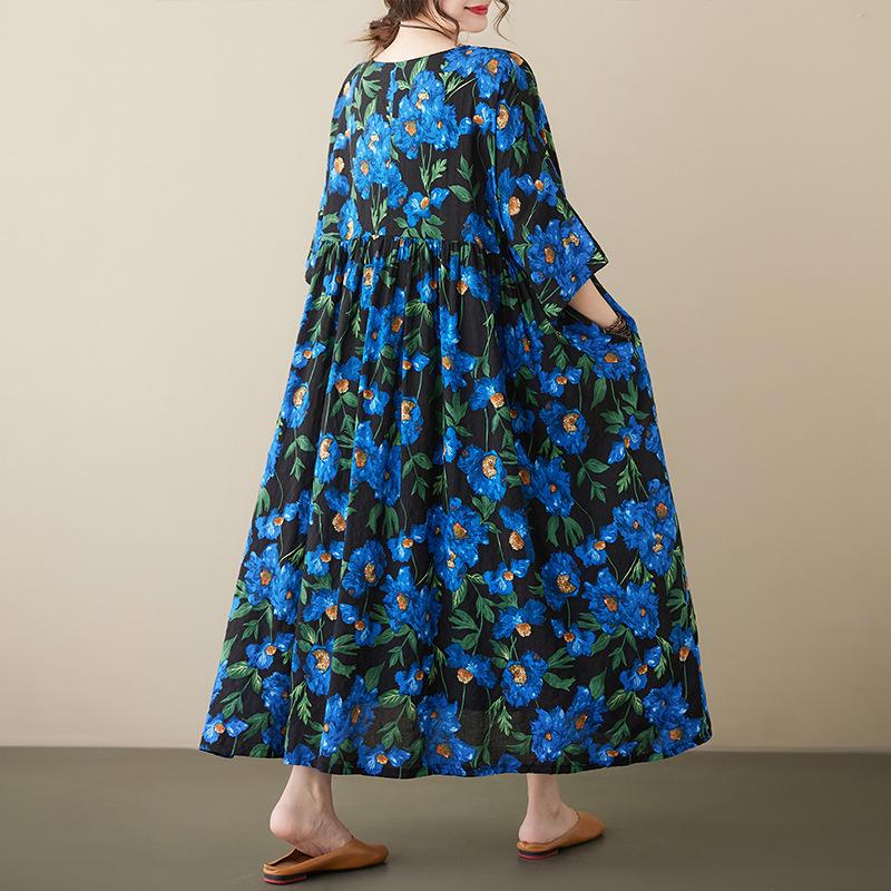 Blue Floral Cotton Linen Plus Size A-Line Dress - Summer 2023, Short Sleeve, Loose Fit