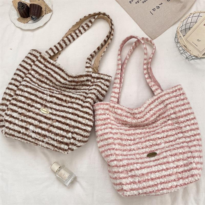 Simple Stripes Double Sided Back Faux Lamb Wool Women's Shoulder Bags Versatile Female Tote Bag Large Capacity Ladies Handbag
