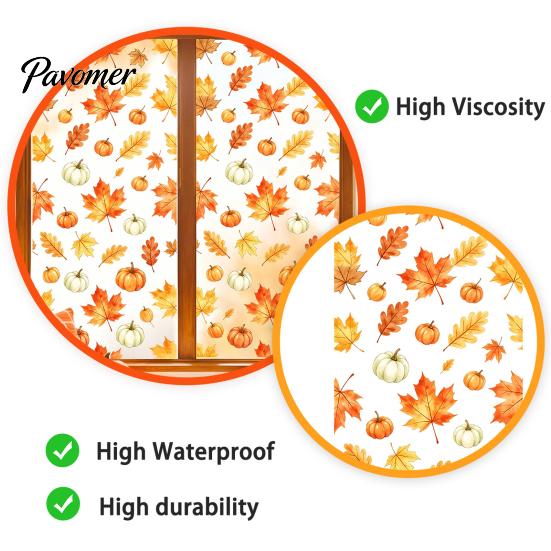 Waterproof PVC Window Art Watercolor Fall Static Clings, Maple Leaf & Pumpkin Removable Stickers, Autumn Seasonal Wall Decor Decal for Thanksgiving