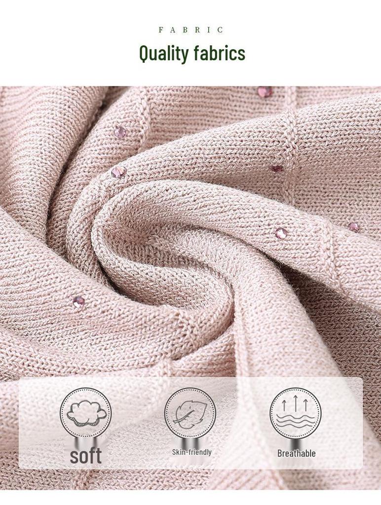 Summer Fashion Rhinestone Knit T-shirt for Women: See-through Ice Silk, Round Neck, Perfect for Young Mothers & Middle-aged Women