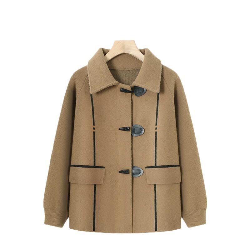 Dámská podzimní a zimní ležérní bunda Módní knoflíková vlněná bunda