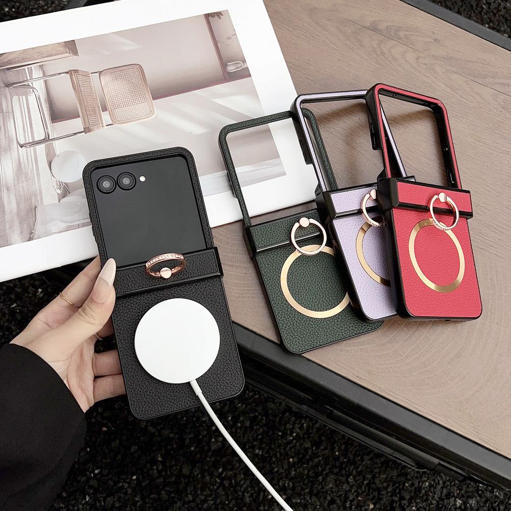 Lychee Plain Leather Metal Finger Ring and Magnetic Ring Case For Motorola Razr 60 Ultra razr60 Moto Razr 50 razr+ Cover