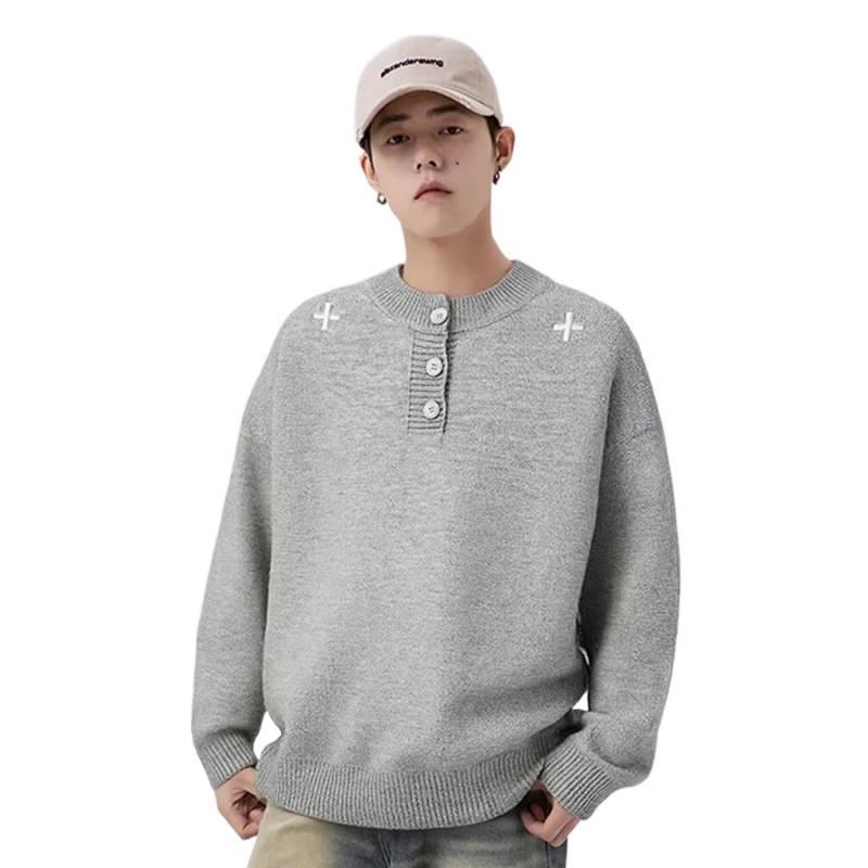 Men's Korean Style Grey Henley Knit Sweater, Long-Sleeve, Round Neck, Winter 2026 Edition