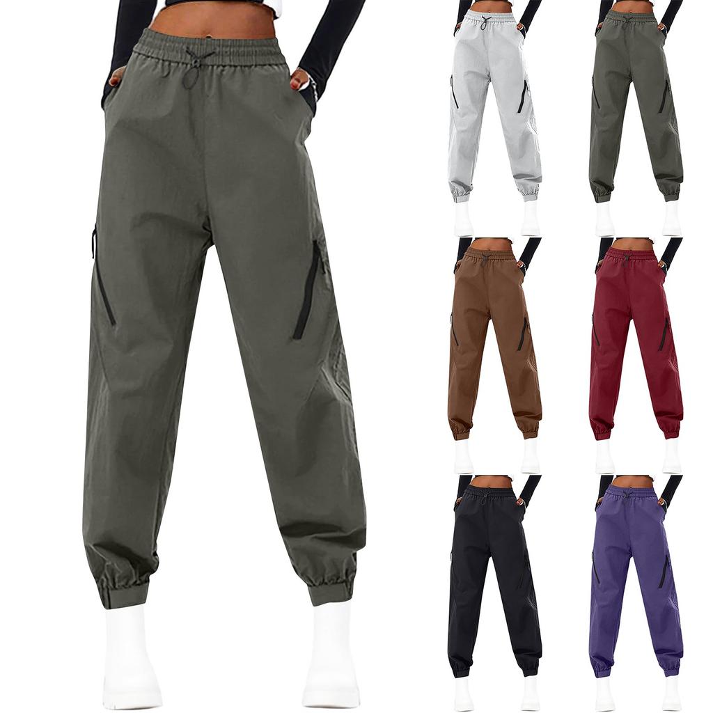 Pantaloni da paracadutista da donna impermeabili ad asciugatura rapida, pantaloni a gamba larga, pantaloni sportivi casual a tinta unita