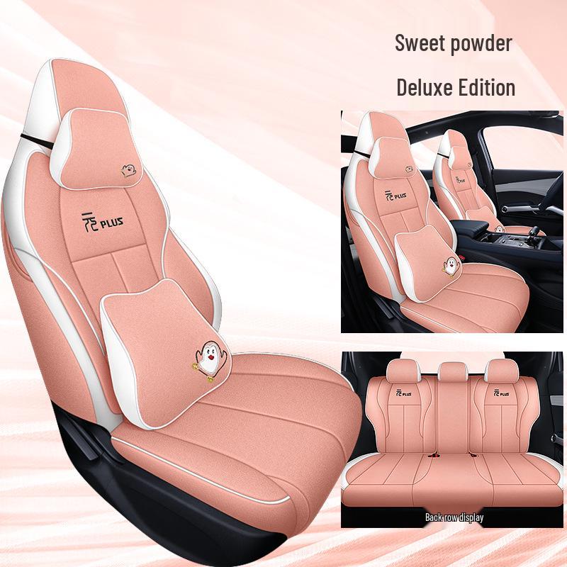 BYD Yuan PLUS Linen Cartoon Car Seat Cushion – Breathable, Full Wrap, Four Seasons Universal Cover.