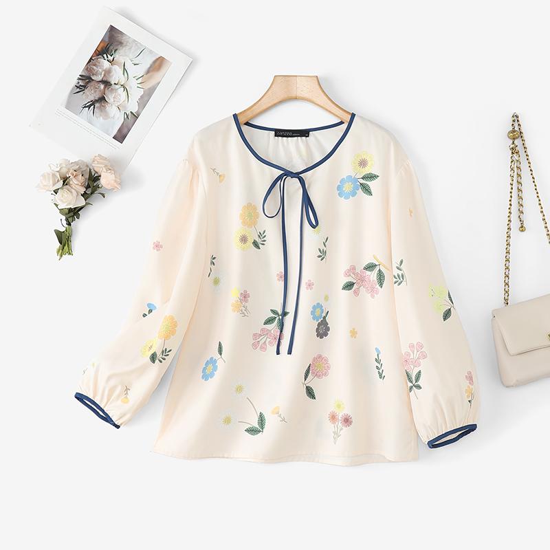 ZANZEA Bluză cu mânecă lungă, lejeră, cu gât rotund, florală