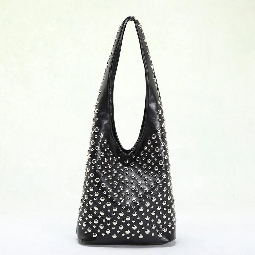 Leopard Rivet Bucket Bags for Women Handbags Luxury Designer Soft Shoulder Bag Punk Studded Shopper Purses Female Clutch Tote