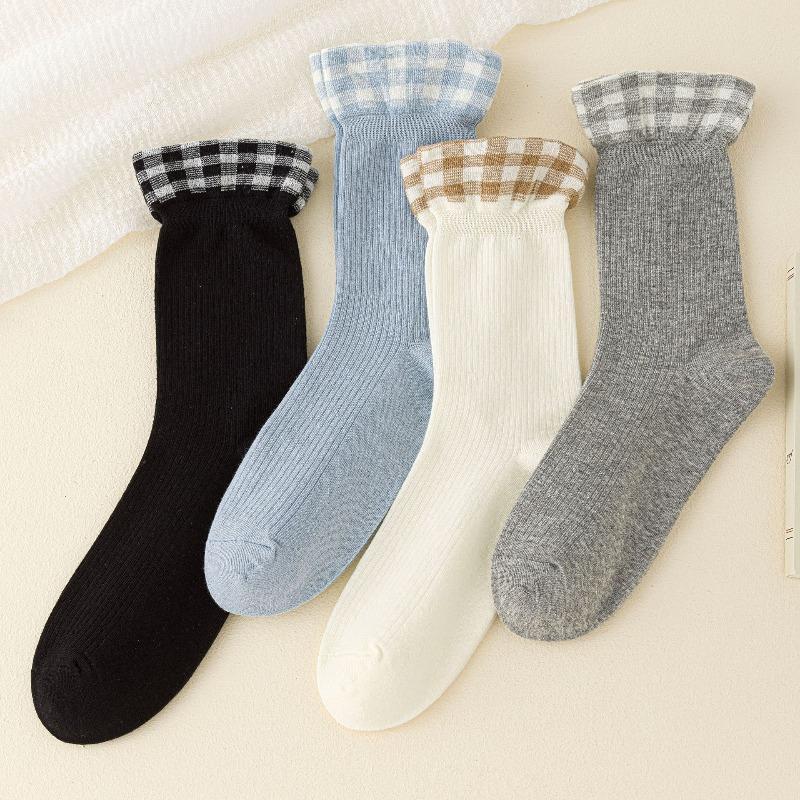 Ladies' Autumn Patchwork Checkered Lace Mid-calf Socks Are Comfortable and Versatile. Cotton Pile Socks